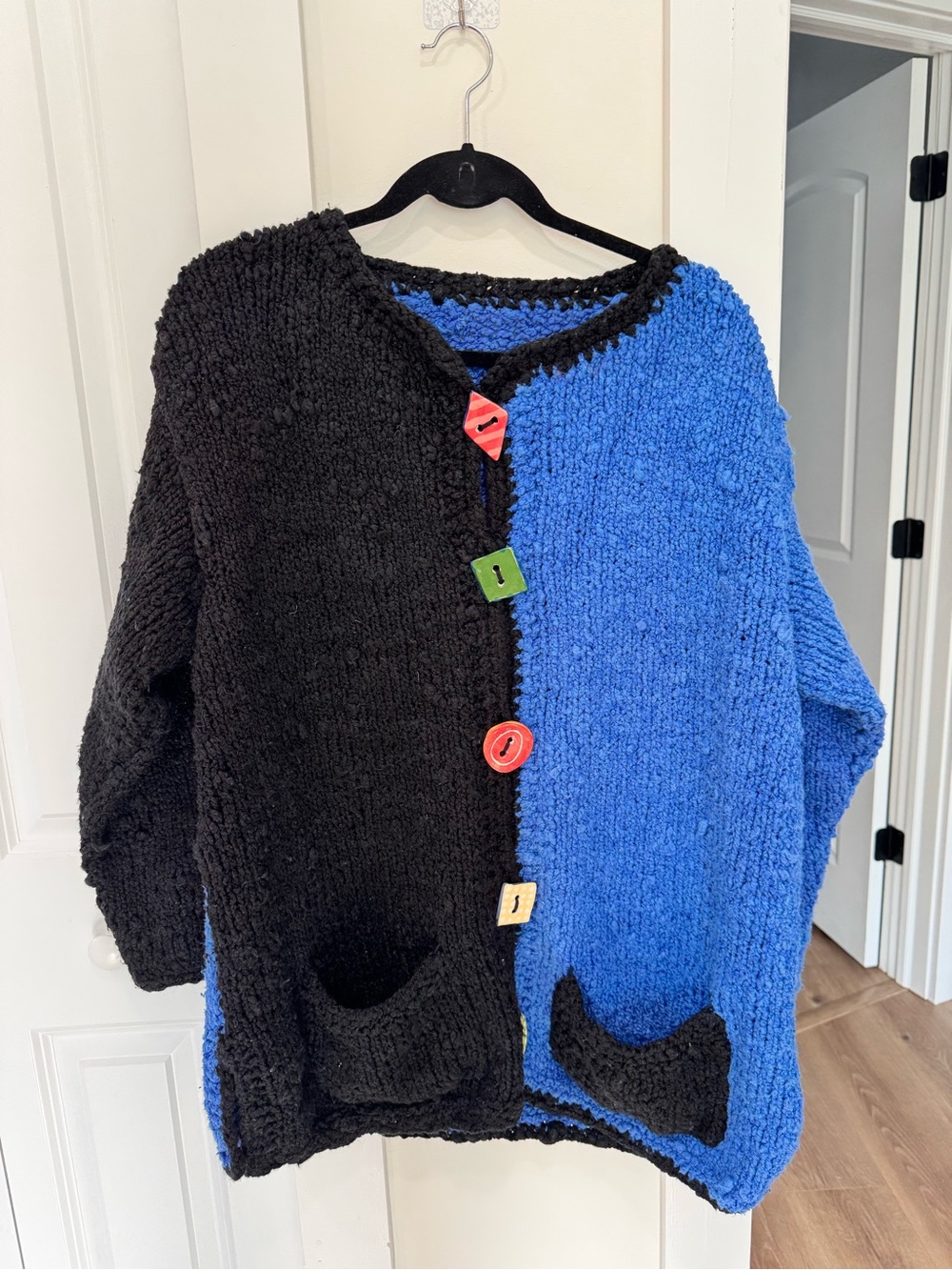 Handmade Colorblock Black and Blue Chunky Knit Cardigan Sweater